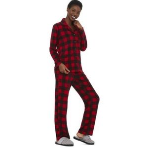 Canadiana Micro Polar Fleece Knit Pajama Set Red Black Plaid Women's Size Large
